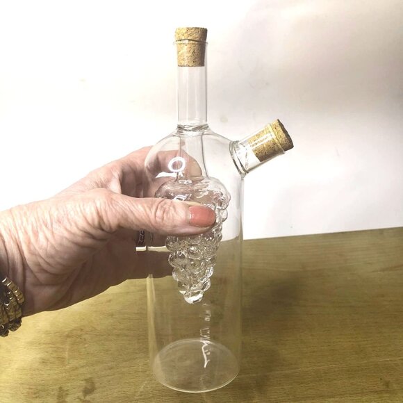 2 Spout Clear Glass Cruet with Grape Cluster Inside Oil and Vinegar 8 Inches - Picture 2 of 6